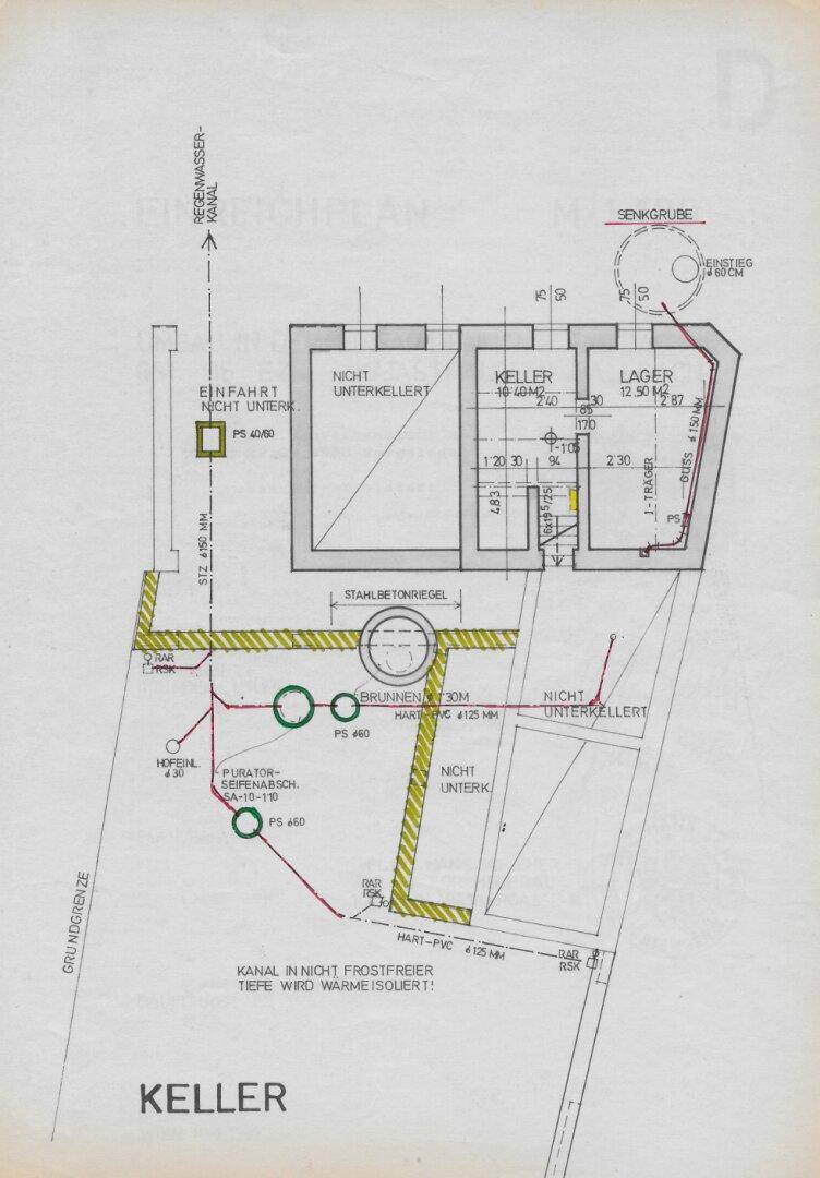 Grundriss des Kellers mit Lagerflächen und technischen Installationen.
