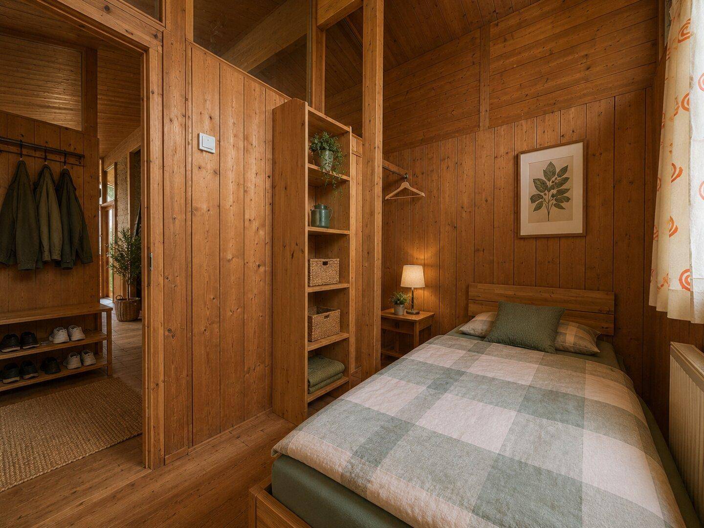 Gemütliches Schlafzimmer mit Holzbett, Regal und Zugang zum Flur, umgeben von Holz.