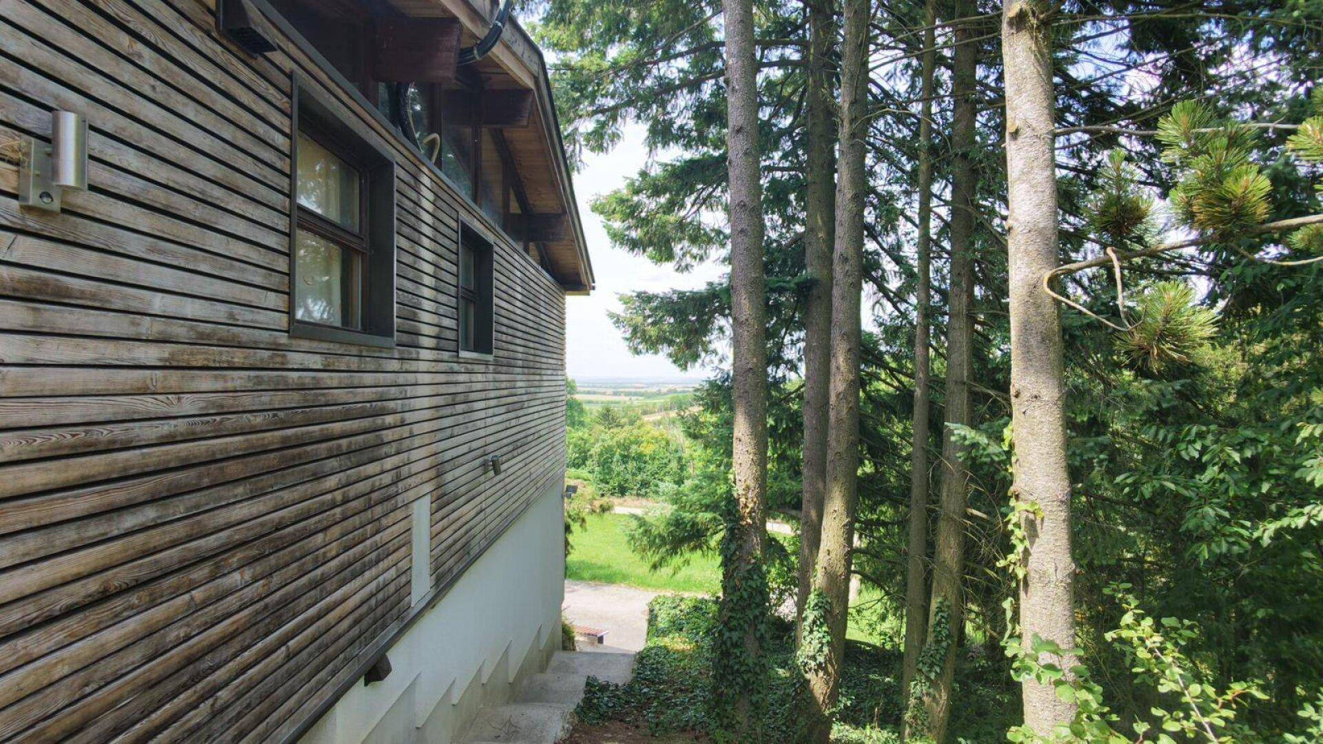 Seitenansicht eines Holzhauses umgeben von Bäumen mit weitem Blick über die Landschaft.