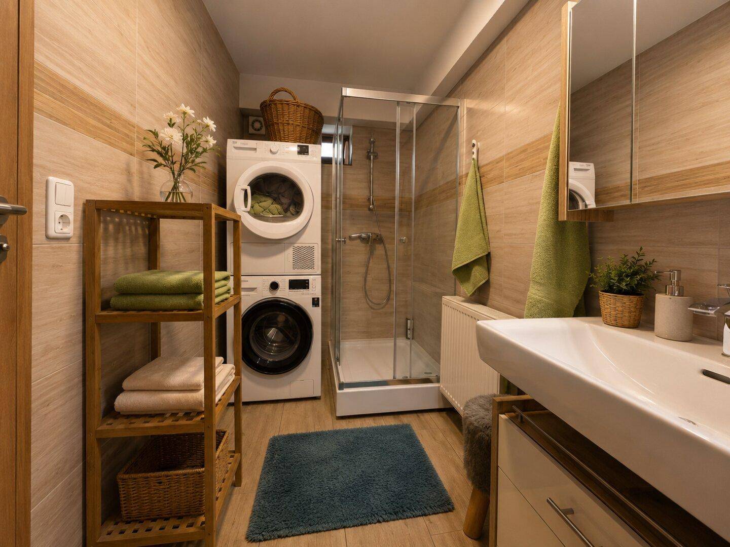 Modernes Badezimmer mit Dusche, Waschmaschine, Trockner und Holzregalen für zusätzlichen Stauraum.