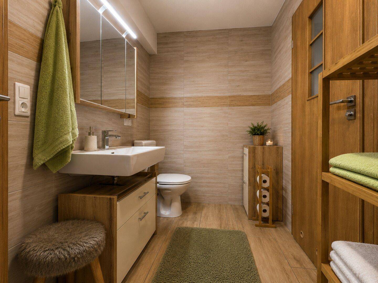 Helles Badezimmer mit WC, Waschbecken und praktischen Holzmöbeln, die eine warme Atmosphäre schaffen.
