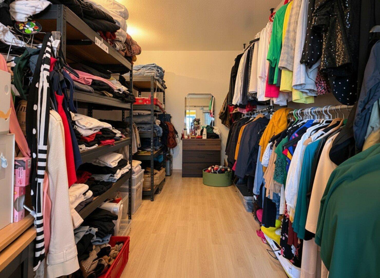 Begehbarer Kleiderschrank oder Abstellraum mit Metallregalen voller Kleidung und Gegenstände.