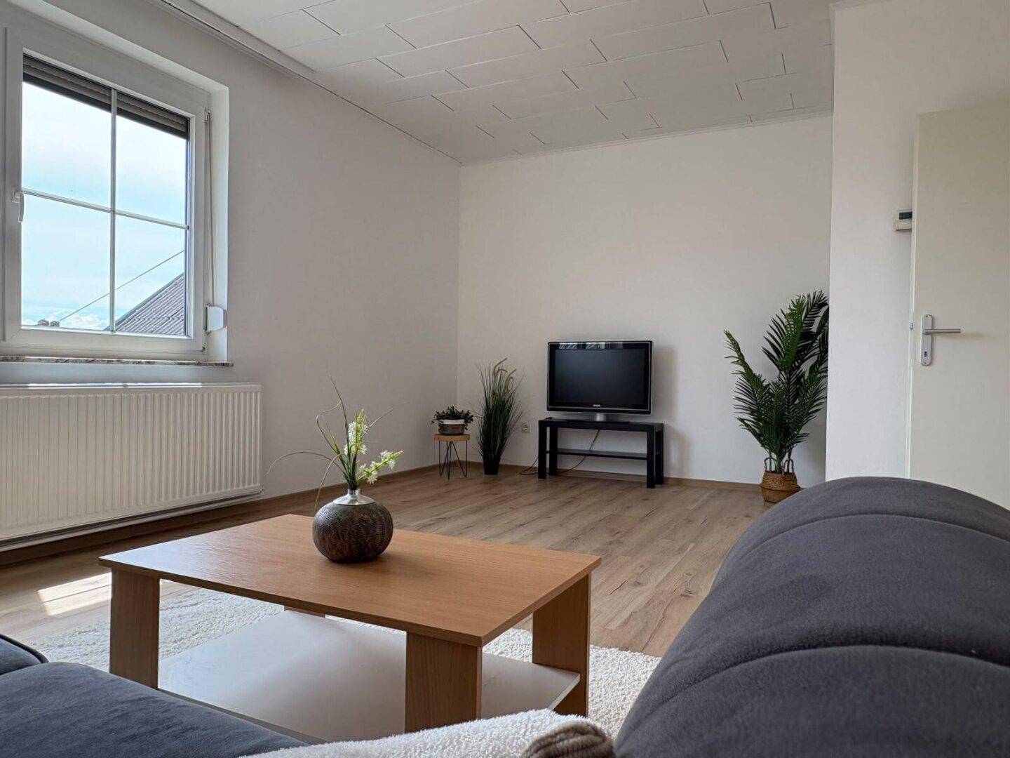 Wohnzimmer mit Laminatboden, Fernseher und viel Tageslicht durch das große Fenster.