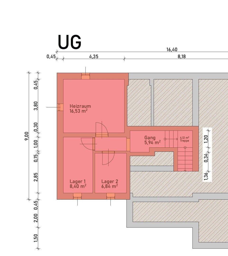 Grundriss des Untergeschosses mit Heizraum und zwei Lagerräumen, ideal für Stauraum.