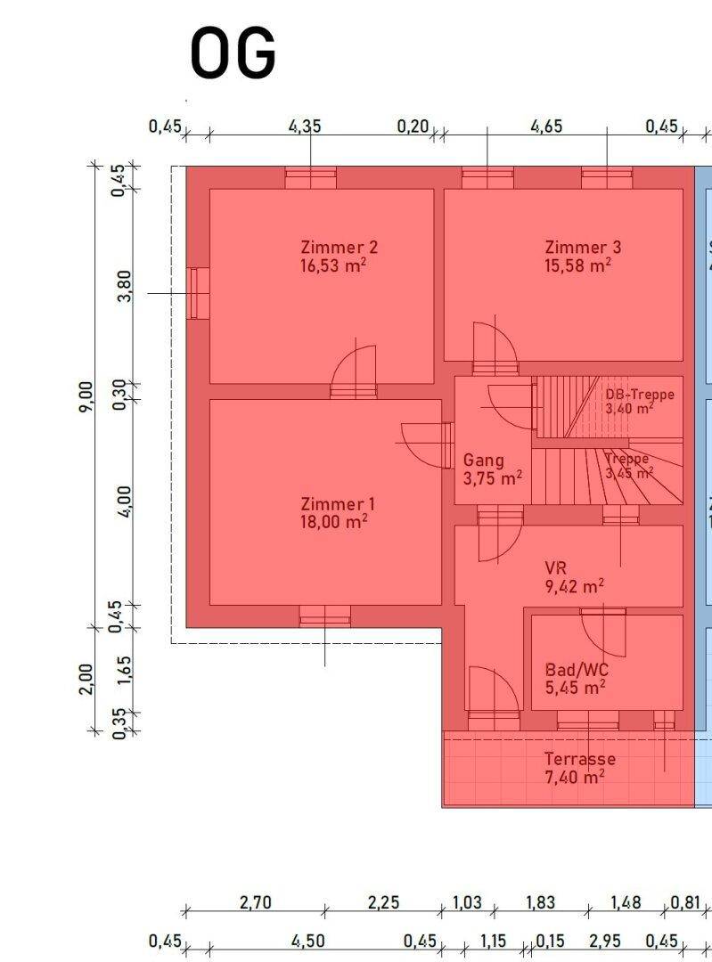 Grundriss des Obergeschosses mit drei Schlafzimmern, einem Bad und einer zugänglichen Terrasse.