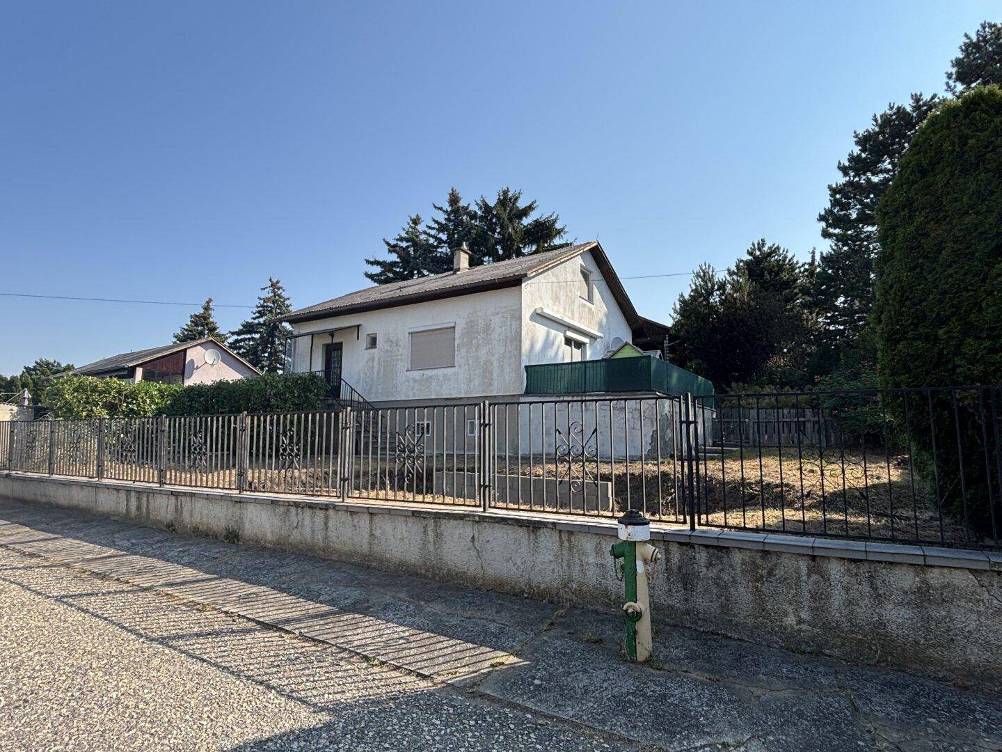 Ansicht des Einfamilienhauses von der Straße mit Metallzaun und umliegender Vegetation.