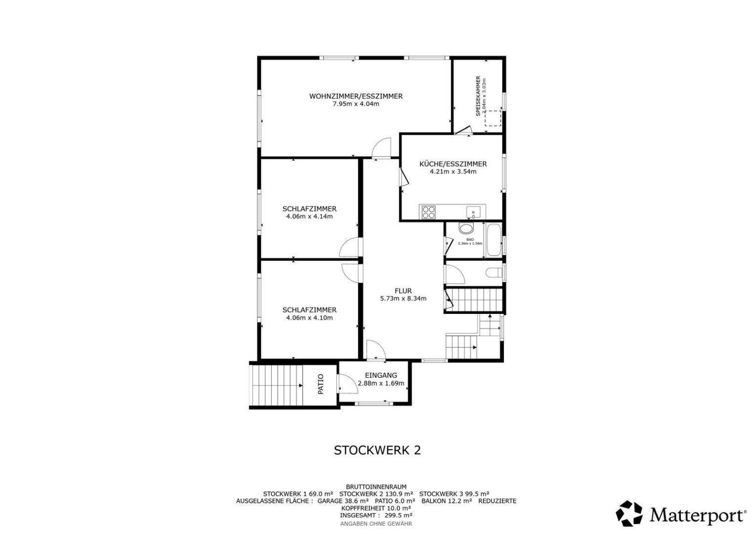 Grundriss des zweiten Stockwerks mit offenem Wohn-/Esszimmer, Küche, zwei Schlafzimmern und Patio.
