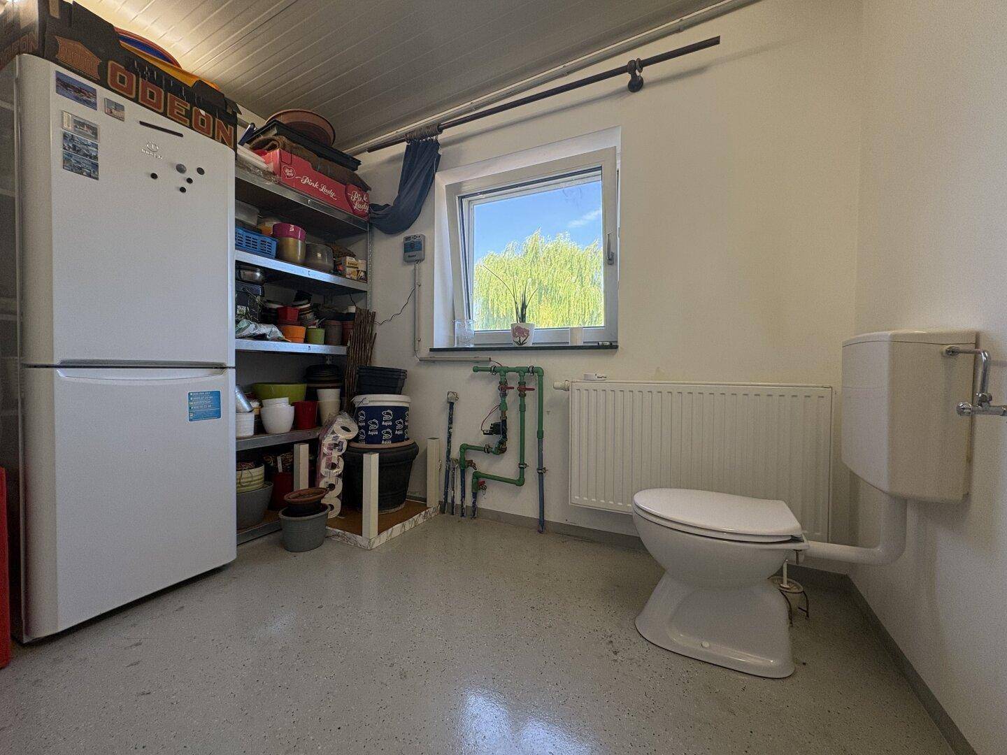 Hauswirtschaftsraum mit Toilette, Heizkörper und Fenster.