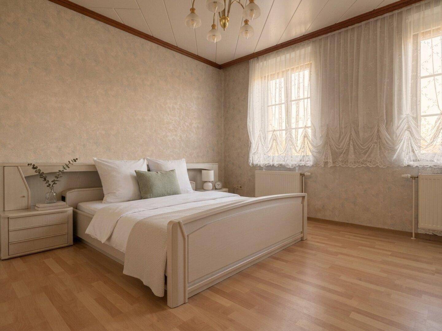 Helles Schlafzimmer mit hellem Holzboden, weißem Bett und zwei Fenstern mit Vorhängen.