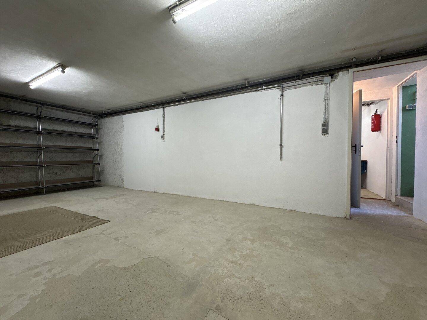 Geräumiger Kellerraum mit Regalen und Betonboden, ideal als Abstellfläche oder Werkstatt.