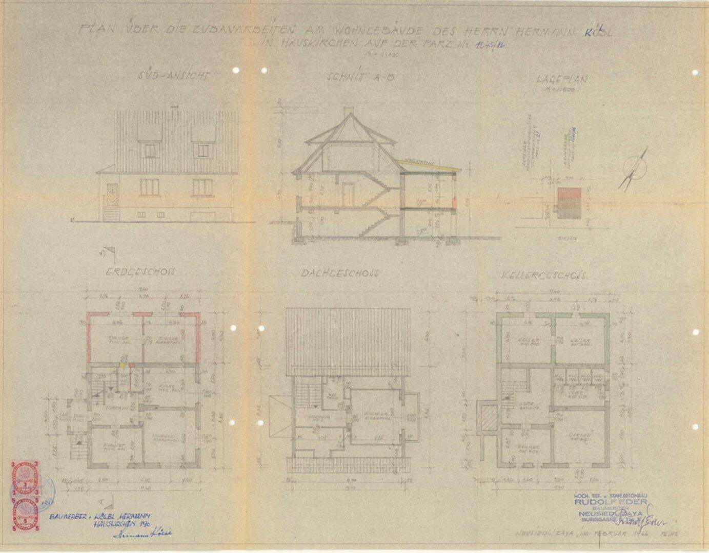 Historischer Bauplan mit Grundrissen und Ansichten eines Wohngebäudes auf mehreren Etagen.