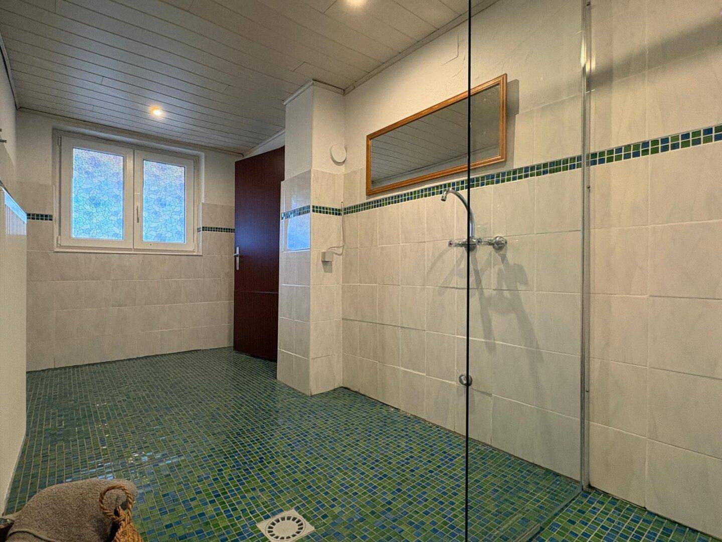Badezimmer mit grünen Mosaikfliesen, Dusche und Fenster für Tageslicht.