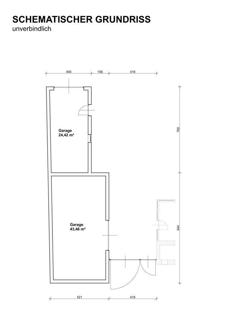 Schematischer Grundriss mit zwei separaten Garagenbereichen für Fahrzeuge.