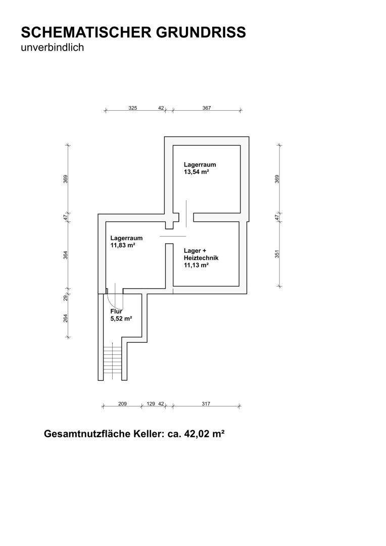 Schematischer Grundriss des Kellers mit Lagerraum und Heiztechnikbereich.