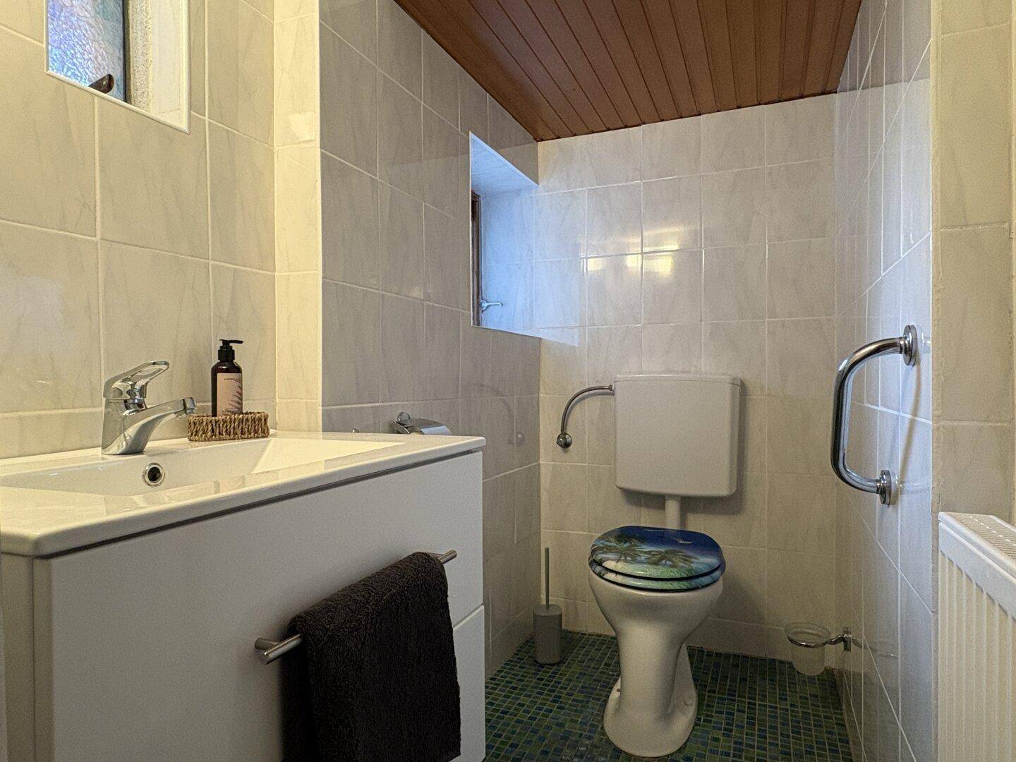 Separate Toilette mit Waschtisch, WC und Haltegriffen für Barrierefreiheit.