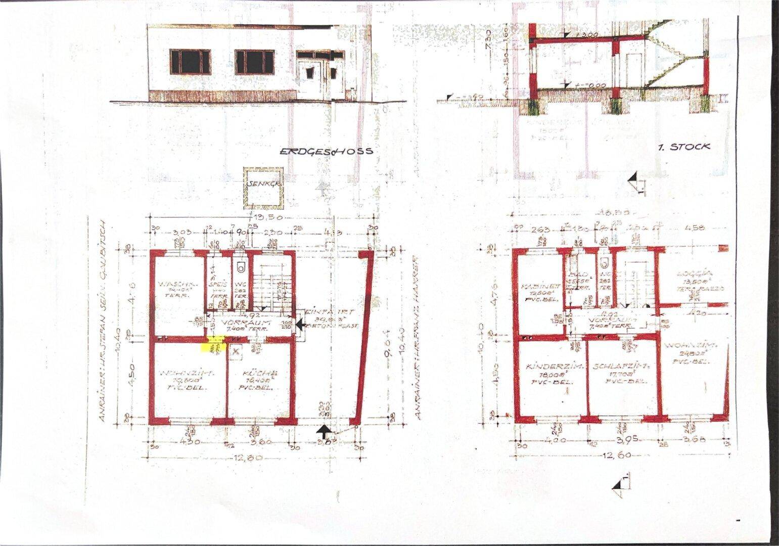 Handgezeichneter Grundriss des Erdgeschosses und ersten Stocks.