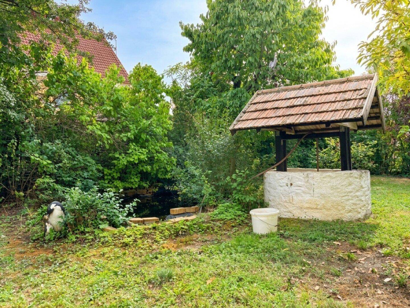 Detailansicht des traditionellen Brunnens im grünen Garten, umgeben von üppiger Vegetation.