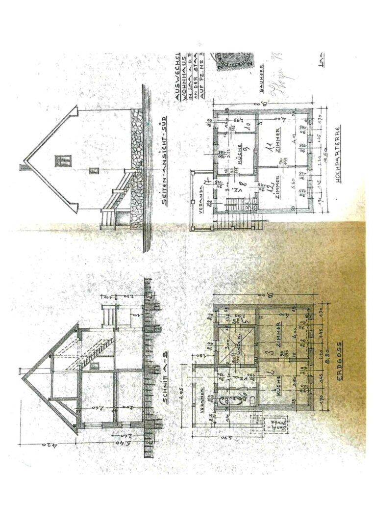 Historischer Grundriss und Schnittzeichnungen des Hauses mit Raumaufteilung.