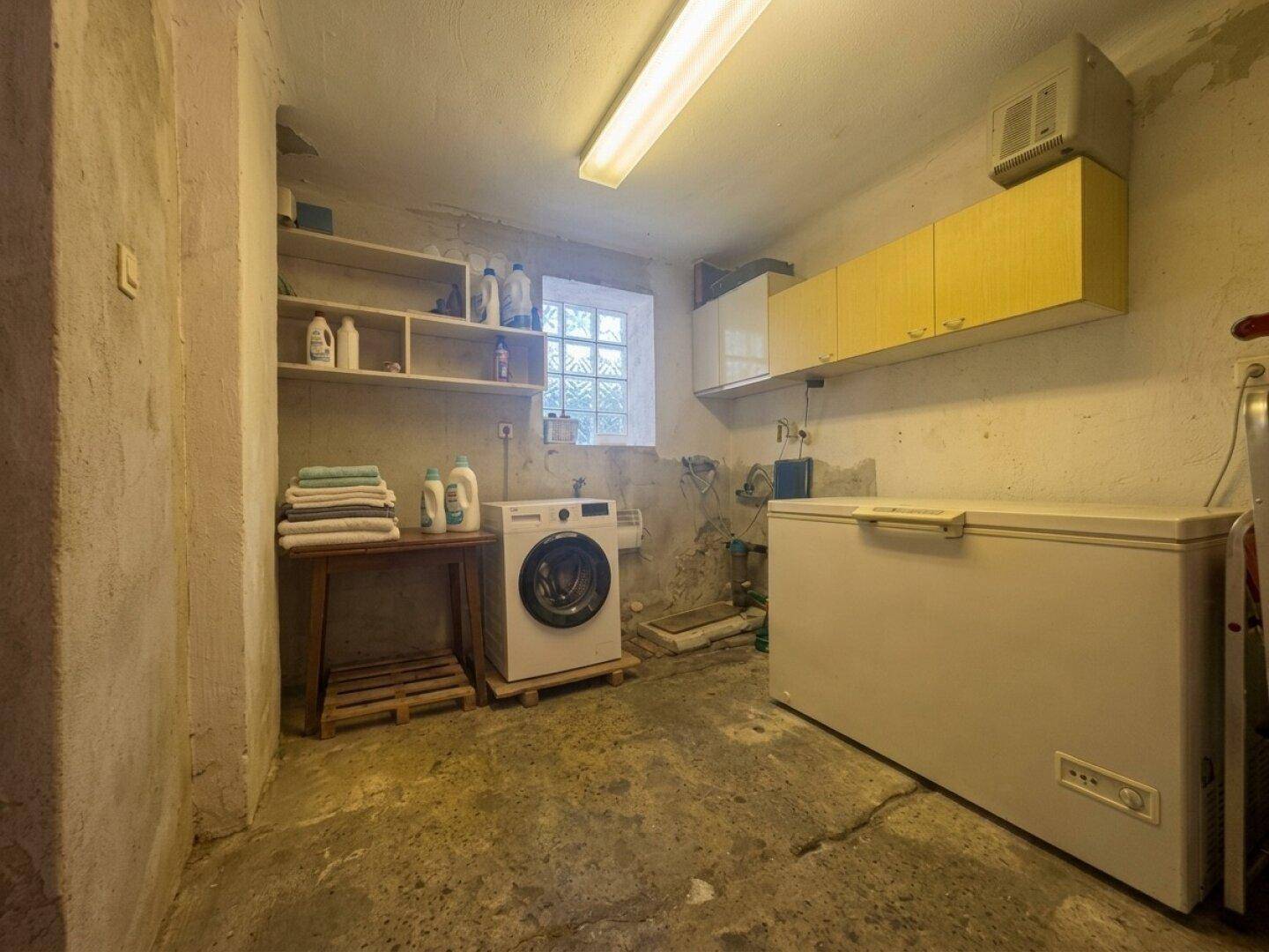 Hauswirtschaftsraum im Keller mit Waschmaschine, Gefriertruhe und Regalen.