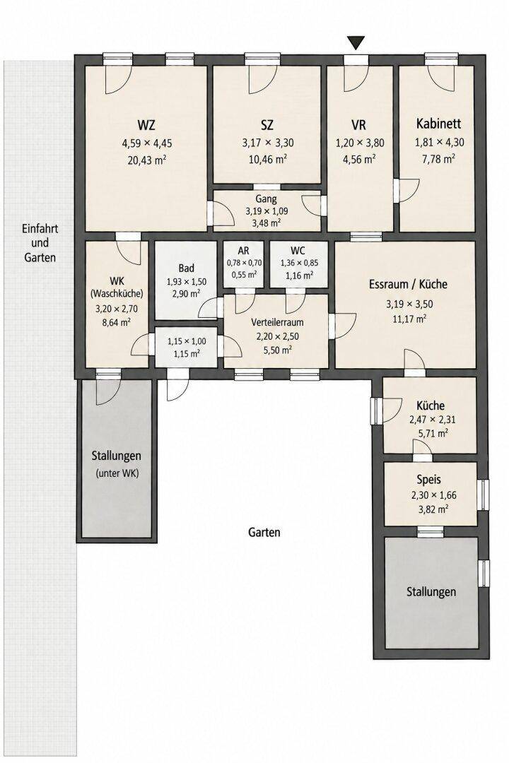 Detaillierter Grundriss einer Wohnung mit Wohnzimmer, Schlafzimmer, Bad, separater Küche und Garten.