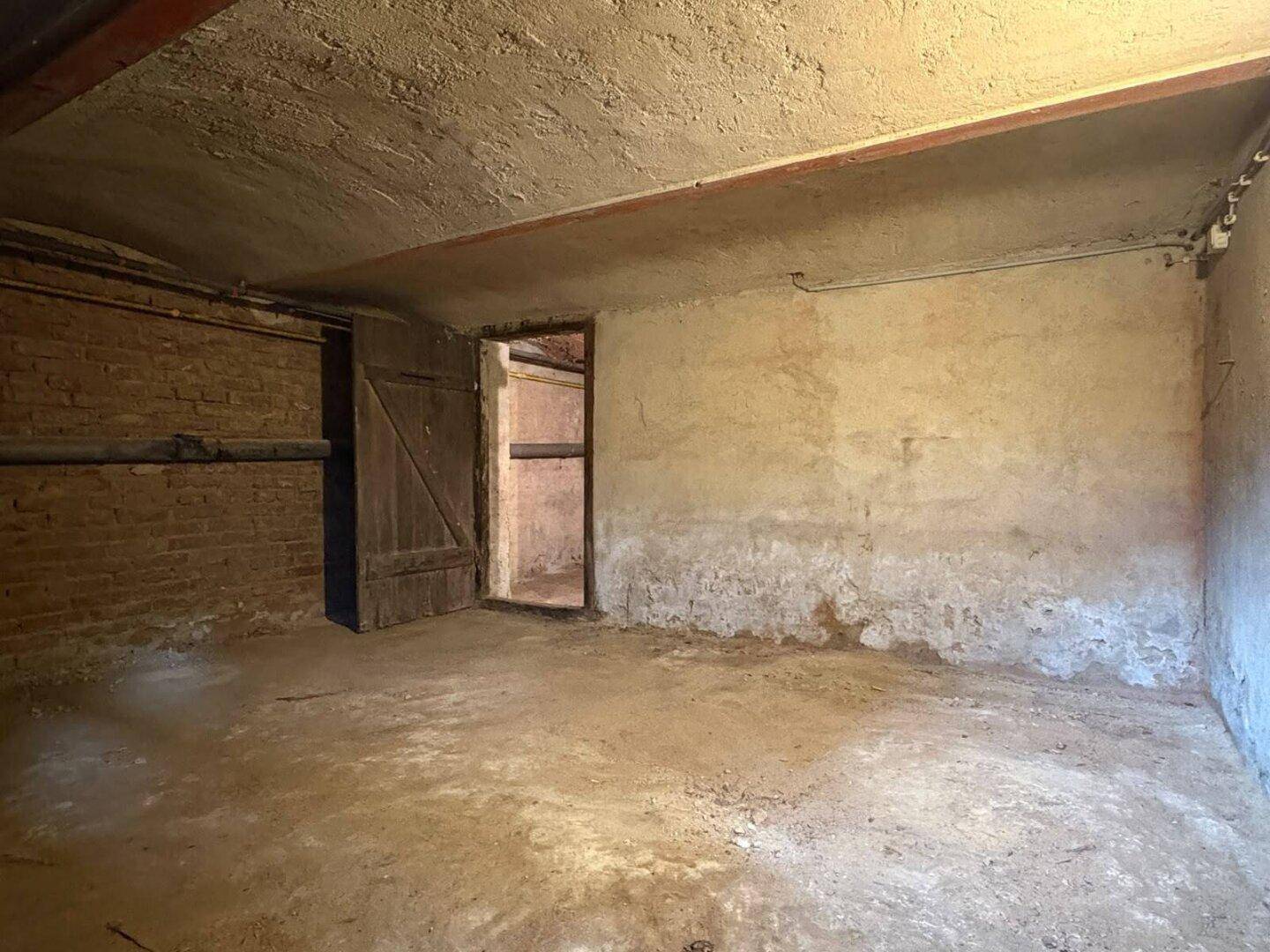 Geräumiger Kellerraum mit unverputzten Wänden und Holztür, vielseitig nutzbar.