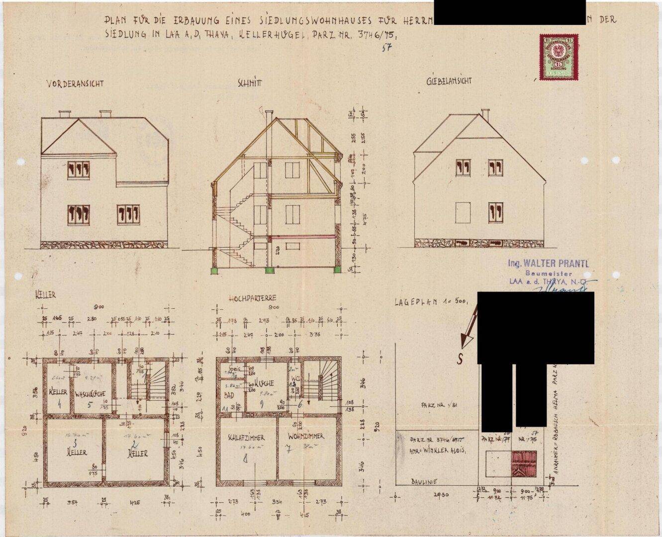 Historischer Bauplan eines Siedlungswohnhauses mit Grundrissen für Keller und Erdgeschoss sowie Ansichten.