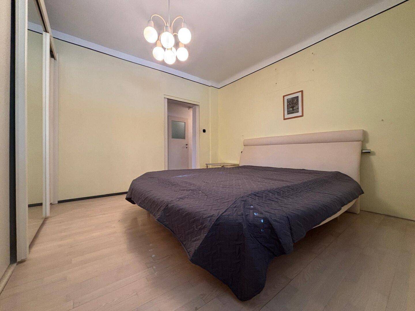 Schlafzimmer mit hellem Holzboden, großem Bett und Einbauschrank.
