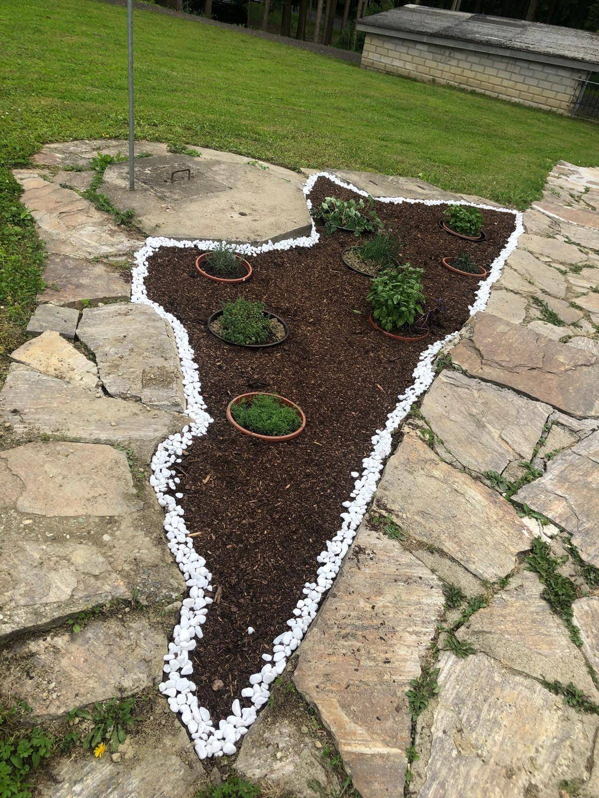 Kreativ gestaltetes Blumenbeet in Form einer Landkarte, umgeben von Steinplatten im Garten.