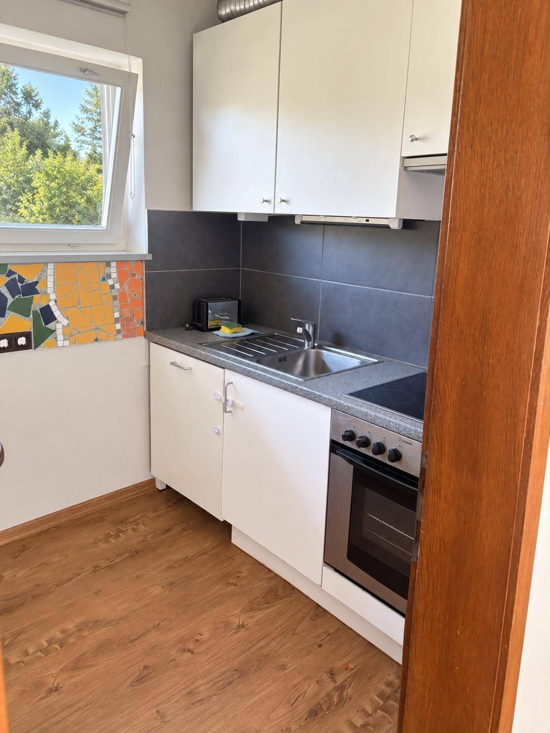 Kleine Küchenzeile mit Spüle, Kochfeld und Fenster, ideal für eine kompakte Wohnlösung.