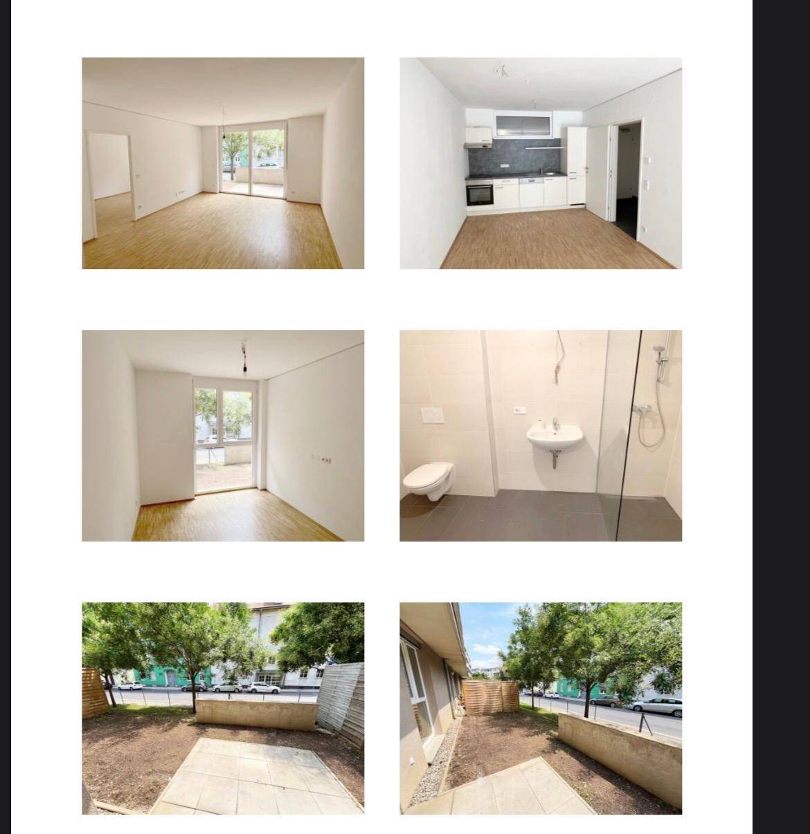 Verschiedene Innenansichten der Wohnung mit Küche, Bad und Zugang zur Terrasse.