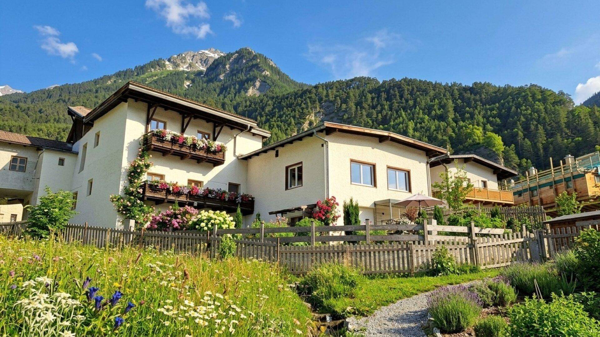 Mehrere Gebäude in einer grünen alpinen Landschaft mit blühenden Gärten und bewaldeten Bergen im Hintergrund.