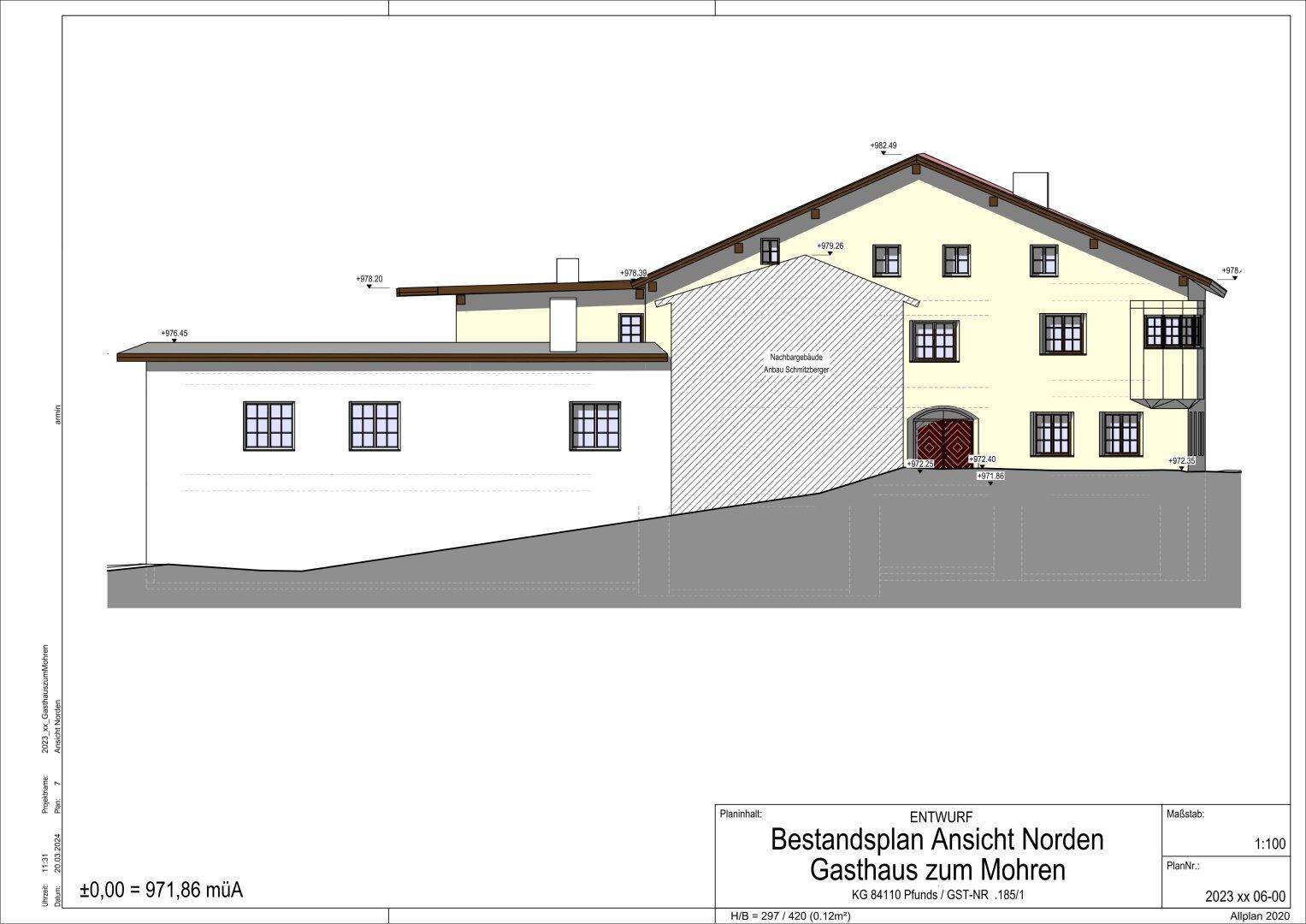 Bestandsplan der Nordansicht eines Gebäudes mit traditioneller Architektur und Anbauten.