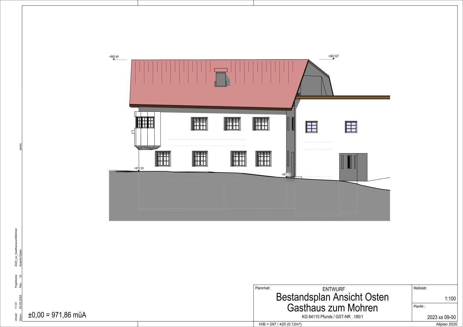 Bestandsplan der Ostansicht eines Gebäudes mit rotem Satteldach und mehreren Fenstern.