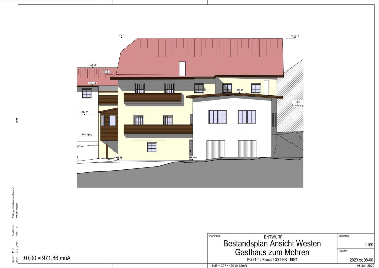 Bestandsplan der Westansicht eines Gebäudes mit Balkonen und Garagentoren im Erdgeschoss.