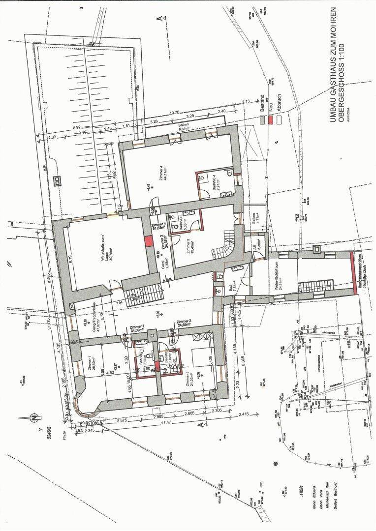 Grundriss des Obergeschosses mit Zimmern und Bereichen, die für Umbau oder Neubau vorgesehen sind.