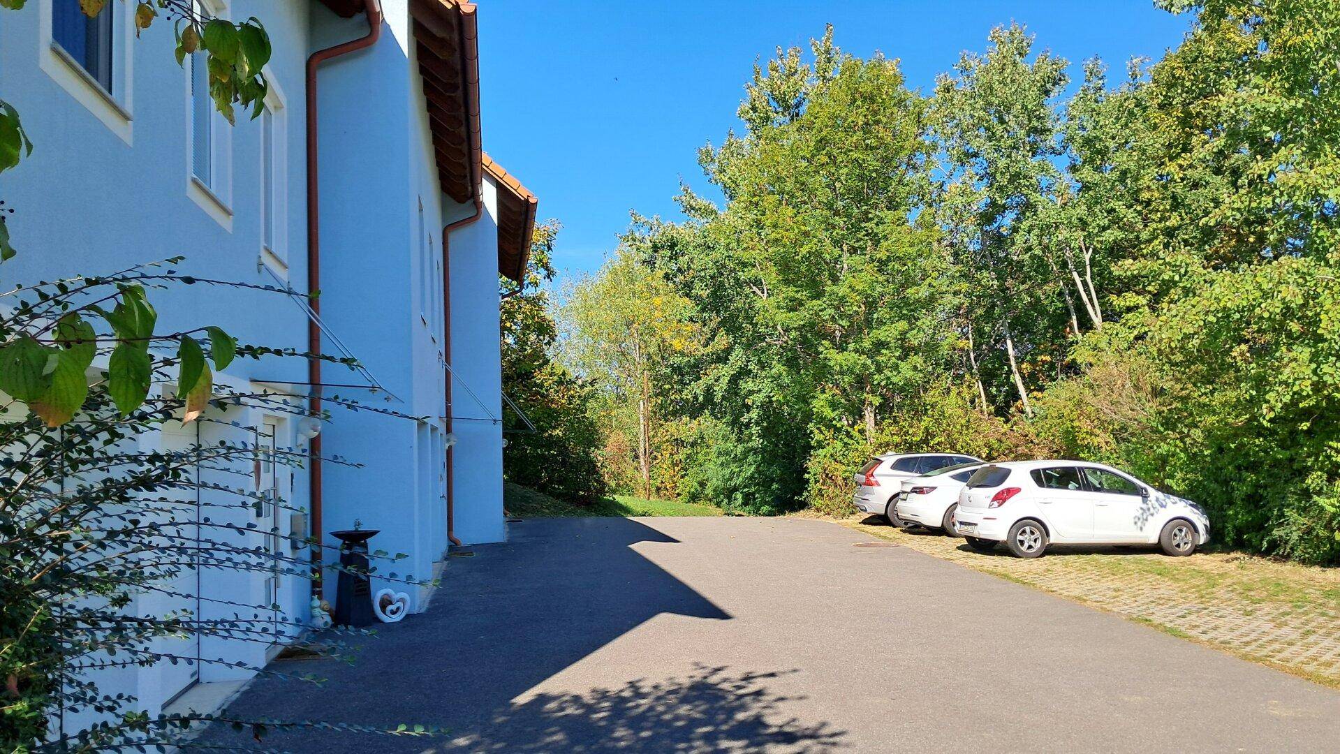 Seitenansicht der blauen Reihenhäuser mit Parkplätzen und viel Grün.