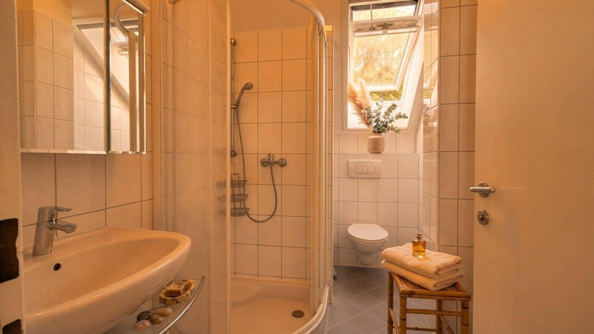 Modernes Badezimmer mit Duschkabine, WC, Waschbecken und Dachfenster.