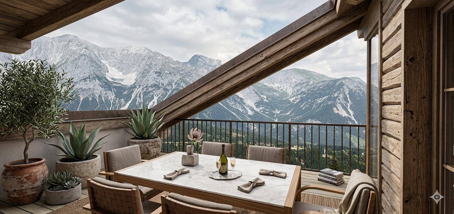 Elegante Terrasse mit Steintisch und bequemen Stühlen, umgeben von alpiner Landschaft und Bergblick.