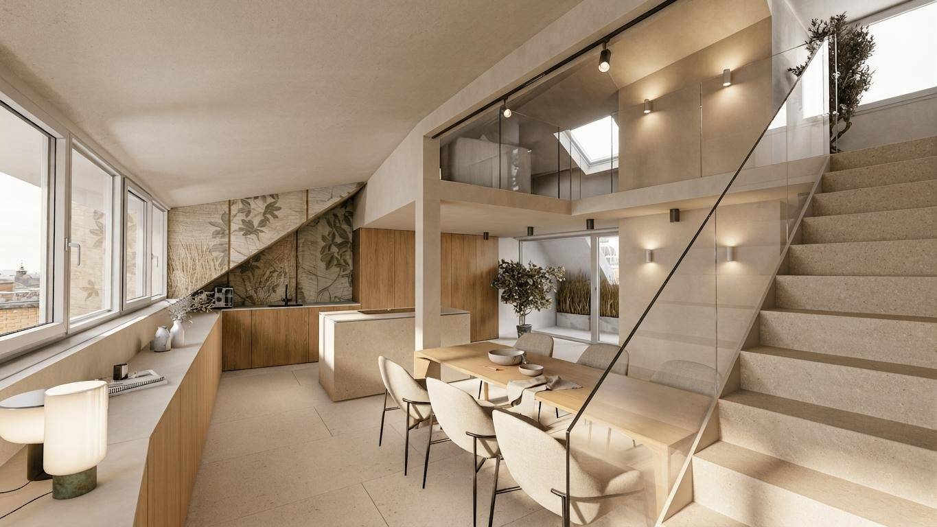 Moderner offener Wohn- und Essbereich mit integrierter Küche und Treppe zur Galerie.