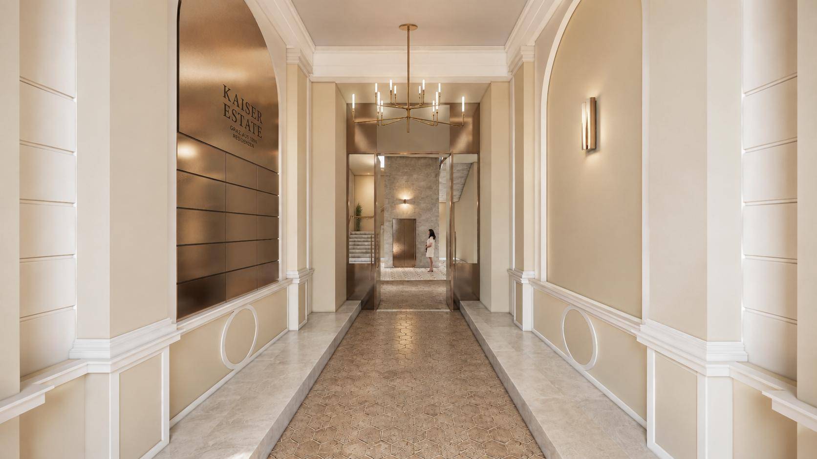 Eleganter Eingangsbereich mit klassischer Architektur und hochwertigen Materialien.