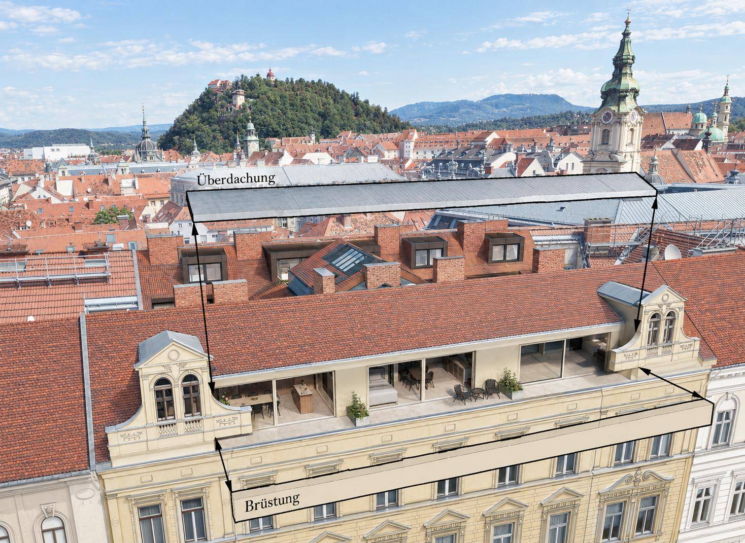 Dachterrasse eines Gebäudes mit Blick auf die Stadt und den Schlossberg, mit Überdachung und Brüstung.