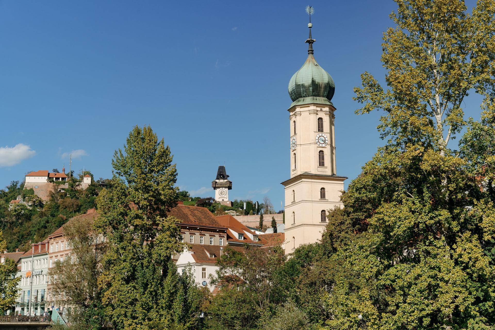 Historischer Kirchturm ragt über die Dächer der Stadt, umgeben von Bäumen.