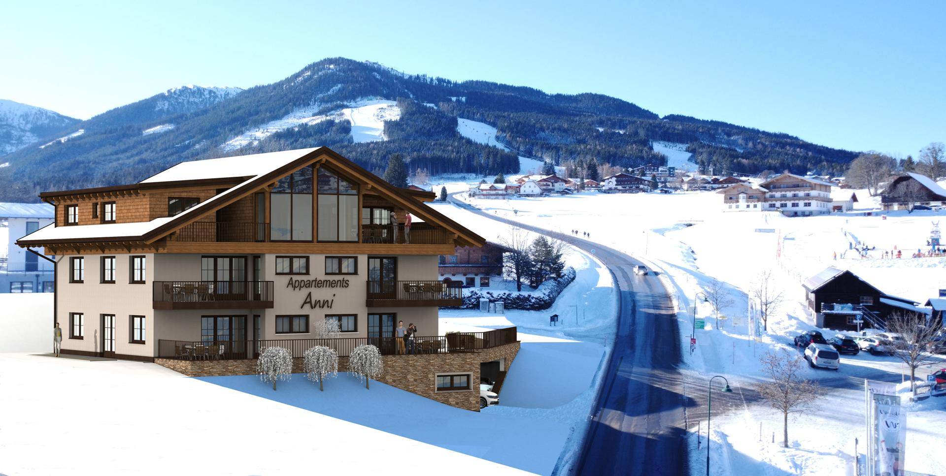 Architektonische Visualisierung des Apartmenthauses in einer verschneiten Winterlandschaft mit Skipisten im Hintergrund.