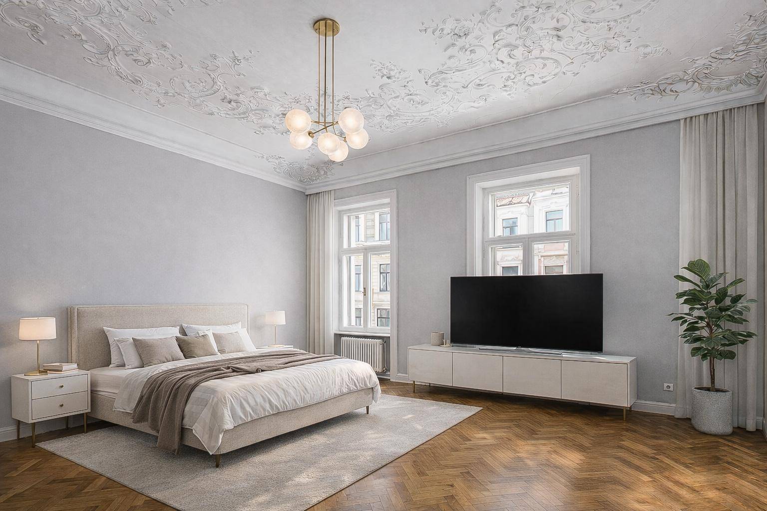 Helles Schlafzimmer mit Stuckdecke, Fischgrätparkett und modernem Doppelbett.