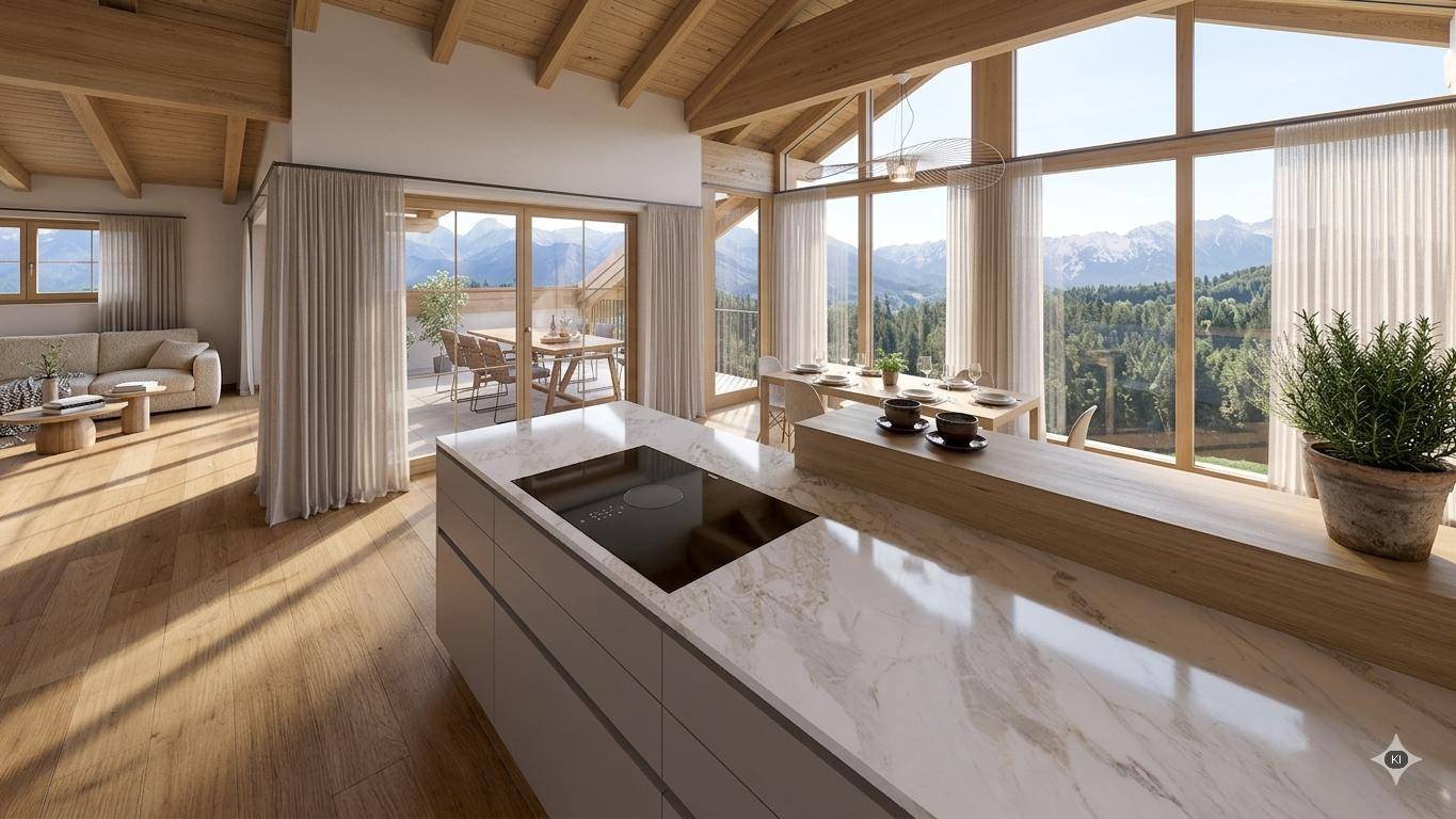 Moderne Küche mit Kochinsel und Essbereich, bietet durch große Fenster einen weiten Bergblick.