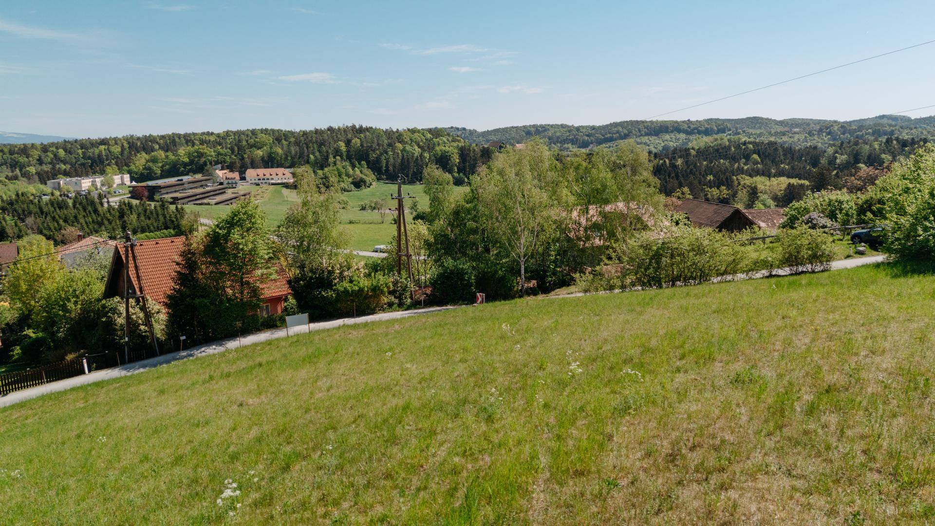 Blick über eine grüne Wiese auf eine Ansammlung von Häusern und bewaldete Hügel in der Ferne.