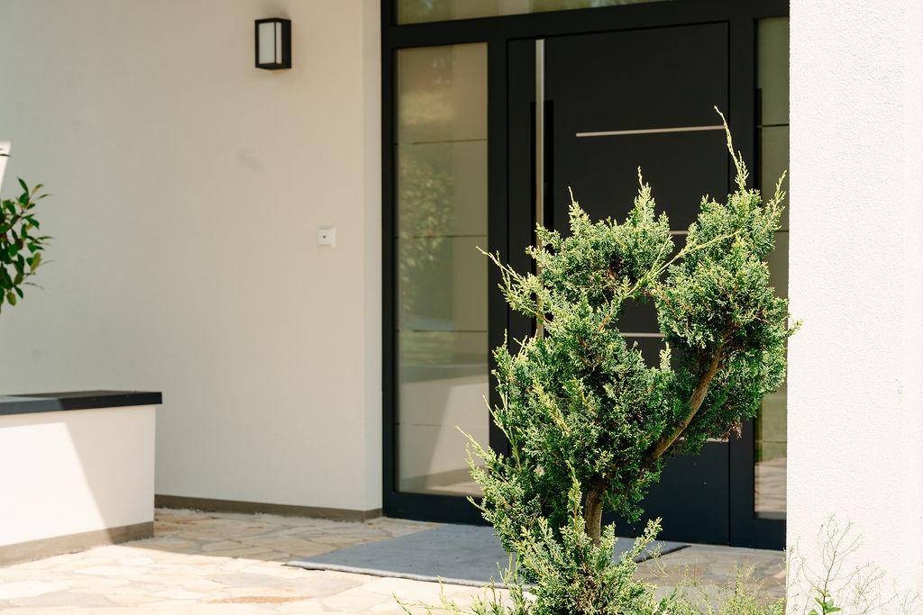 Moderner Eingangsbereich eines Hauses mit dunkler Haustür und kleiner Bepflanzung.