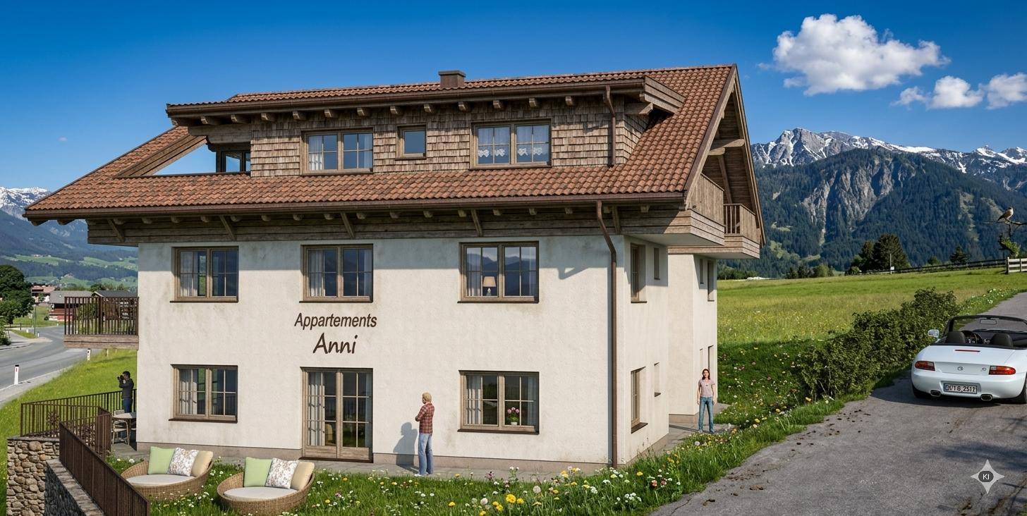 Gerendertes Mehrfamilienhaus im alpinen Stil mit Balkonen und Bergblick, umgeben von grünen Wiesen.
