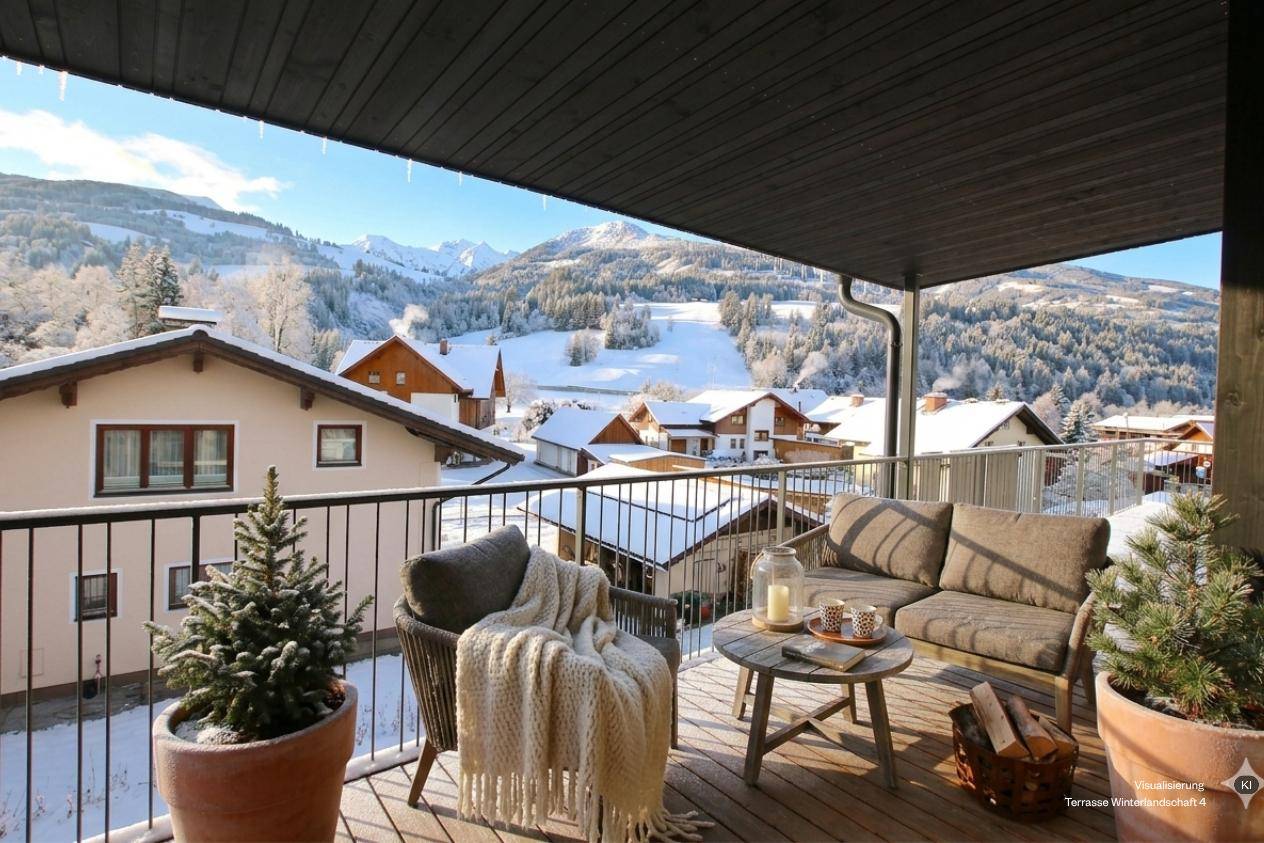 Winterlicher Balkon mit gemütlichen Sitzmöbeln und atemberaubendem Blick auf die verschneite Berglandschaft.