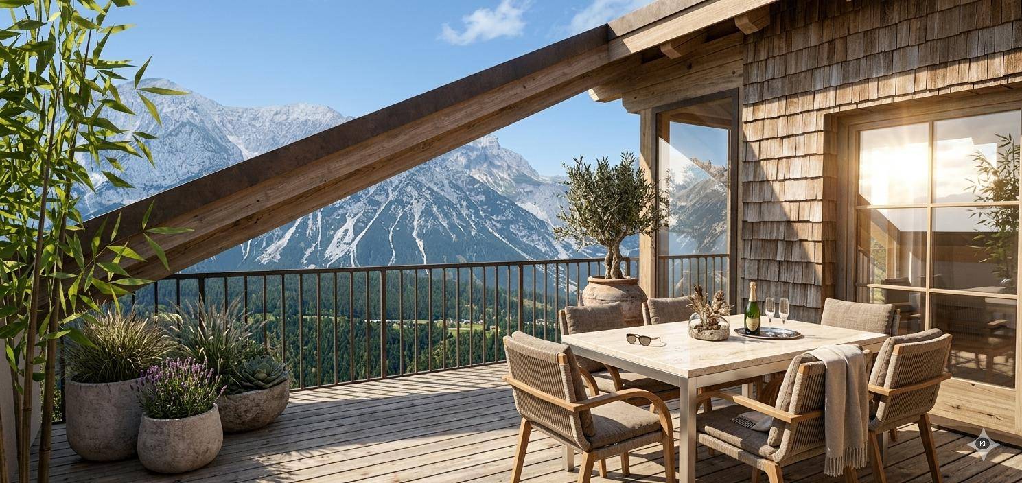 Sonniger Terrassenbereich mit Holzboden und Esstisch, bietet einen atemberaubenden Blick auf die Berge.